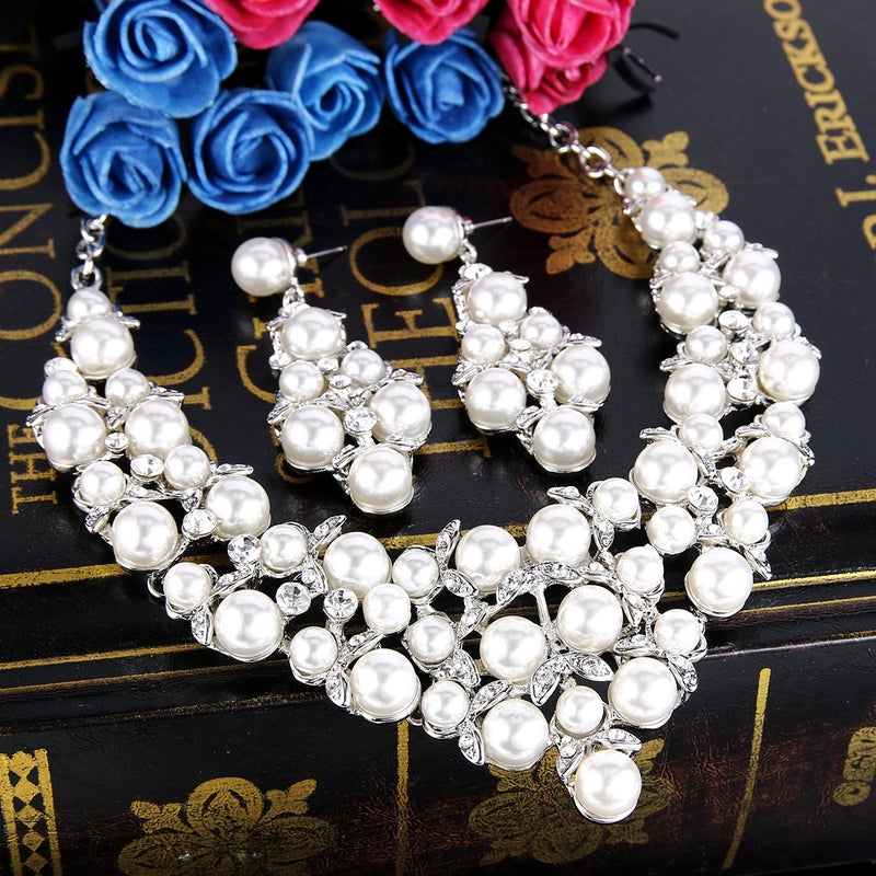 BriLove Wedding Bridal Simulated Pearl Jewelry Set for Women Crystal Cluster Statement Necklace Dangle Earrings for Party Prom Clear Silver-Tone - Image 5